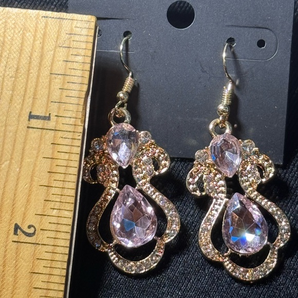 Saks Fifth Avenue Pink Crystal Gold Statement Earrings 2.25in - Picture 2 of 6